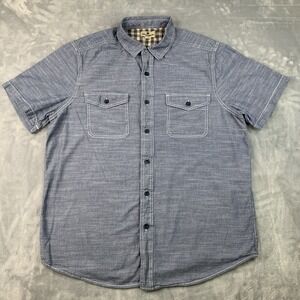 Woolrich Shirt Mens L Blue Chambray Safari Workwear Utility Casual Short Sleeve